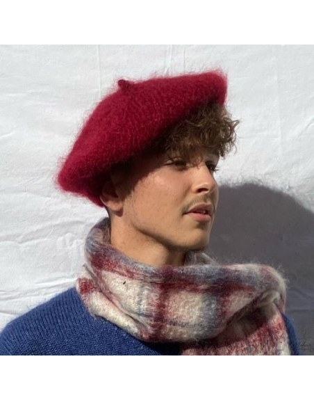 Béret Femme En Laine Mohair Fait Main - Tons Bleu/violet Chiné - Taille Grande - Sans Pompon